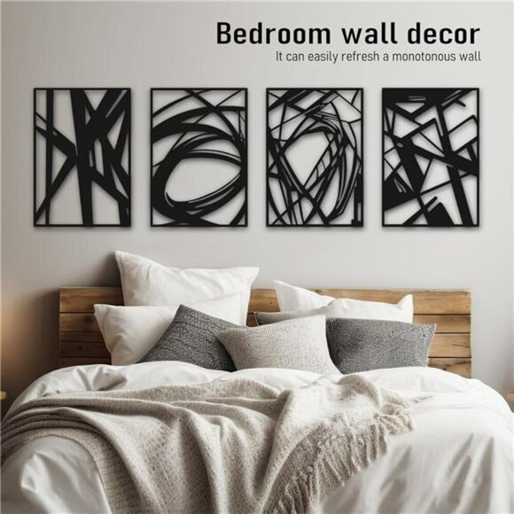 Black Metal Wall Art Set of 4 Modern 3D Abstract Decor for Bedroom Living Room - Picture 3 of 7